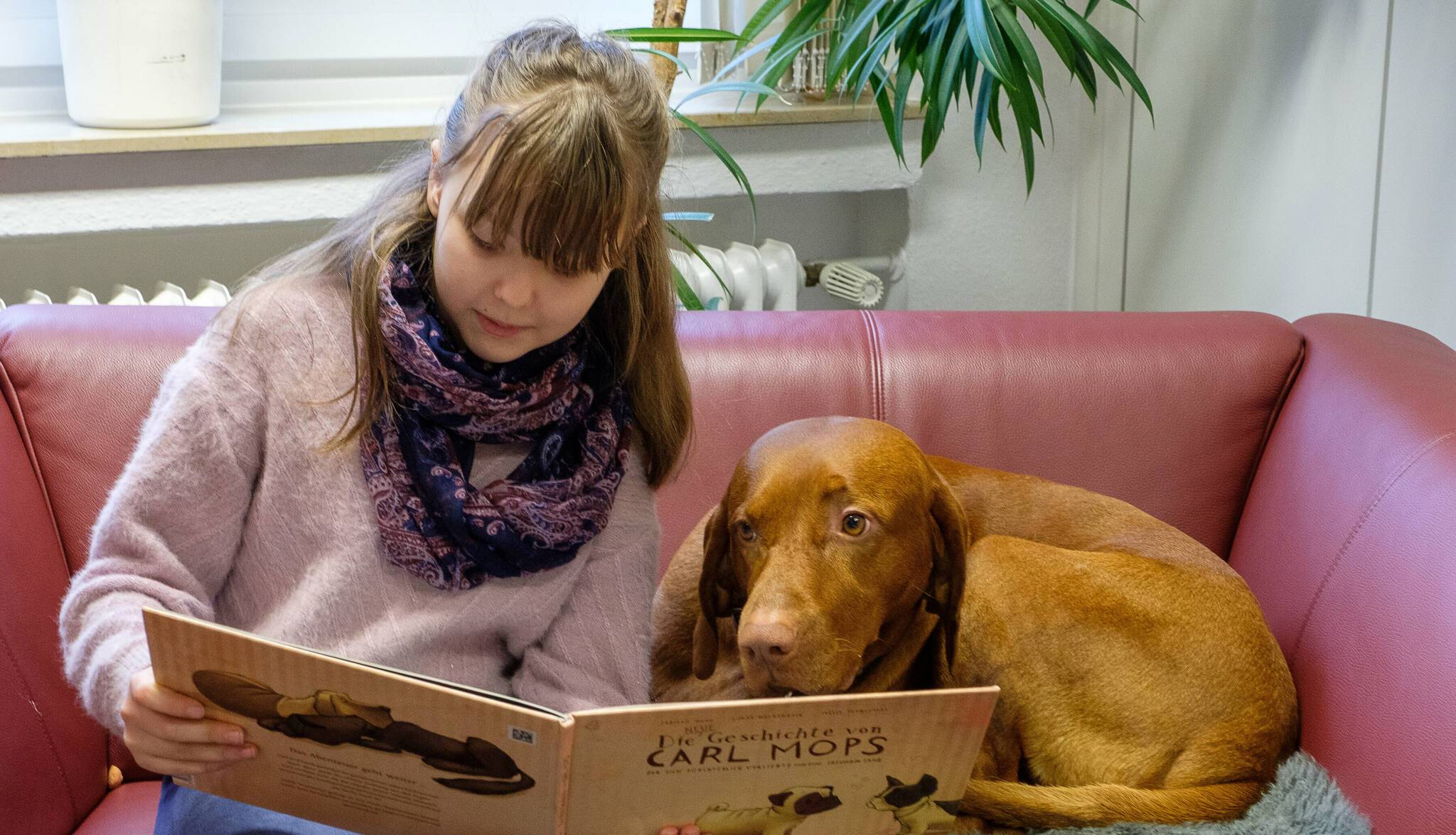  Therapiehund „Herr Meyer“ und Grundchülerin Ariana in der Stadtbücherei Wersten. Mit seiner beruhigenden Art soll der Hund beim Lesenlernen helfen. 