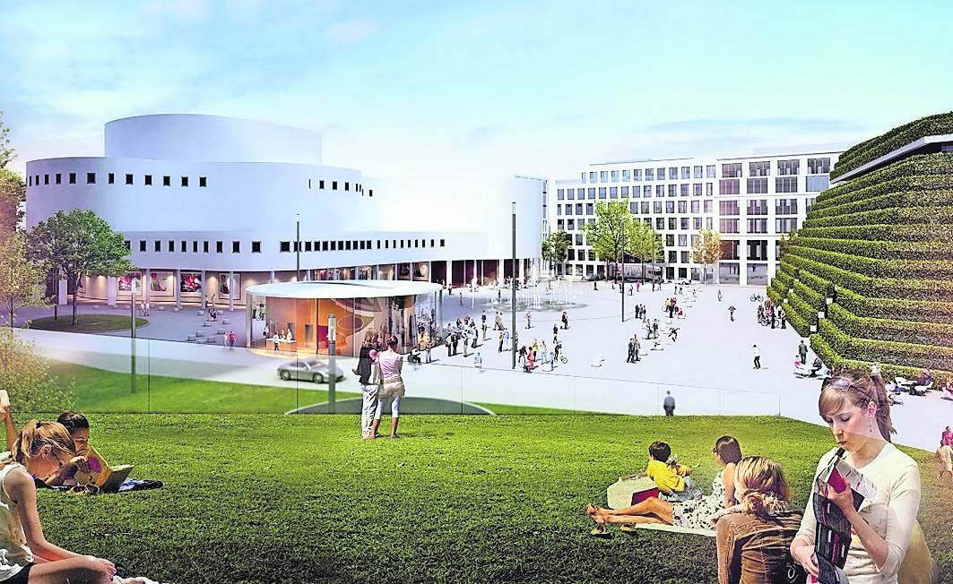 Blick auf den zukünftigen Gustaf-Gründgens-Platz: Die Grafik zeigt das Aussehen des Platzes nach Fertigstellung. Grafik: FSWLA Landschaftsarchitektur GmbH