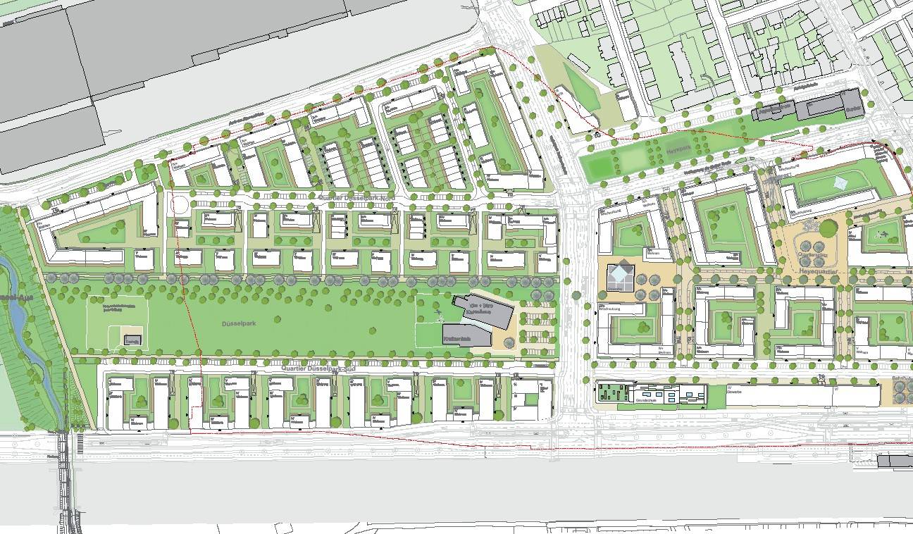 So sieht der augenblickliche Plan fürs Glasmacherviertel aus, den Stadtplanungsamt und Entwickler Ulrich Tappe derzeit verfolgen, mit den denkmalgeschützten Gebäuden in der Mitte und dem Düsselpark daneben.