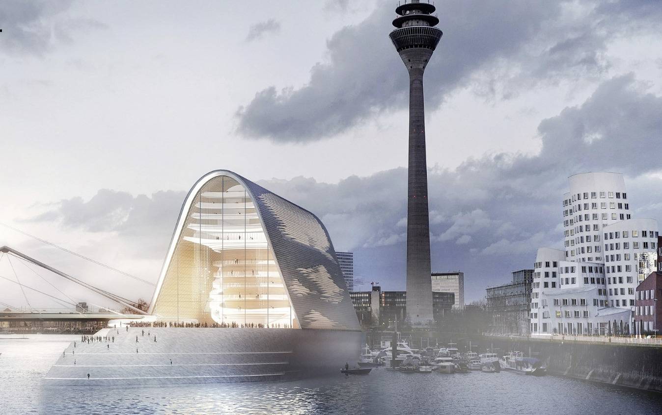   Spektakulärer Opern-Neubauentwurf - RKW plant die Oper auf der Landzunge neben dem Landtag. Sie wäre 40 Meter hoch. In der Alu-Fassade soll sich der Rhein spiegeln.     