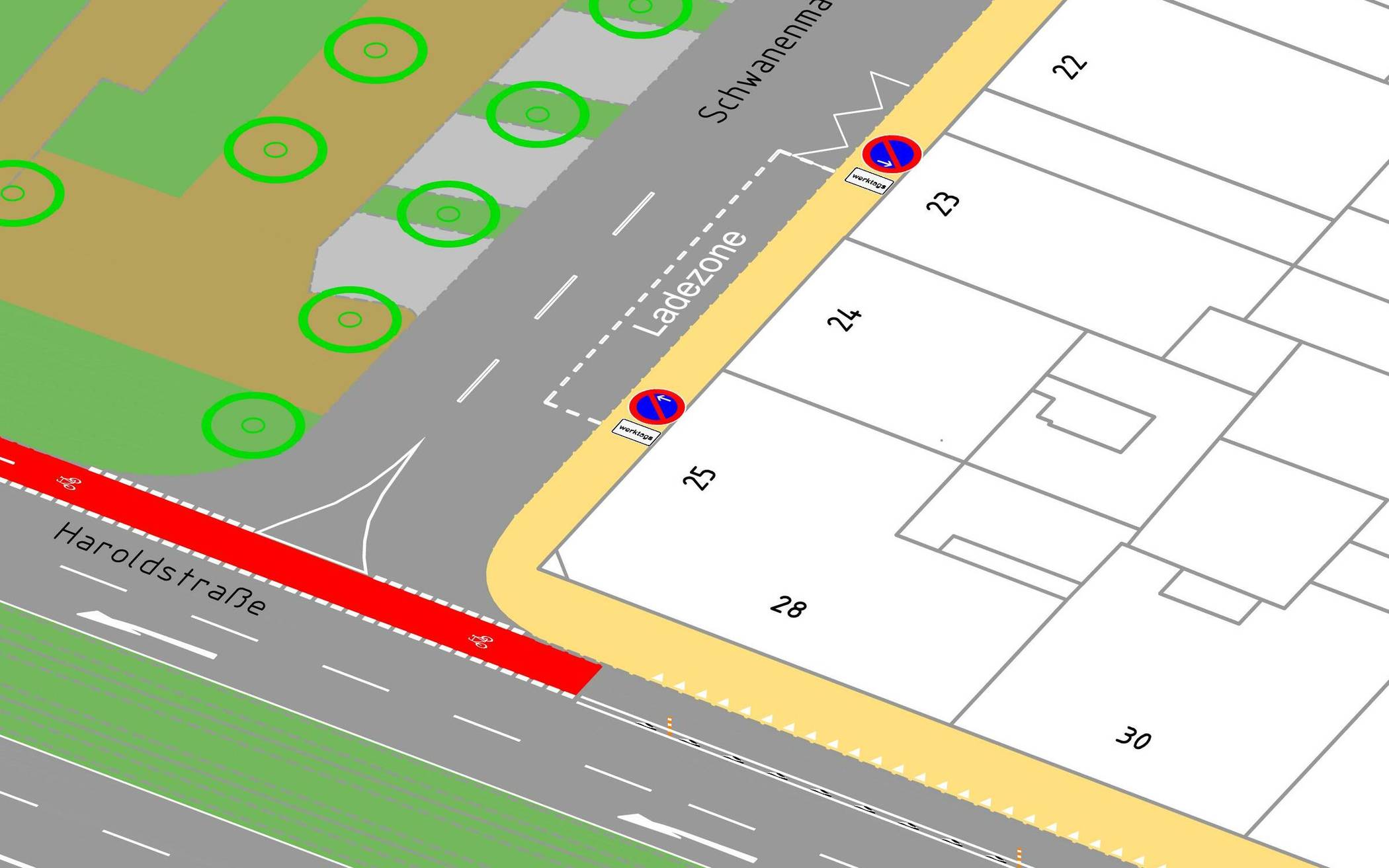 Auf der Haroldstraße wird zwischen der Kasernenstraße und Poststraße in Fahrtrichtung West eine Protected Bike Lane eingerichtet, die den Radverkehr vom dort starken Autoverkehr trennt.