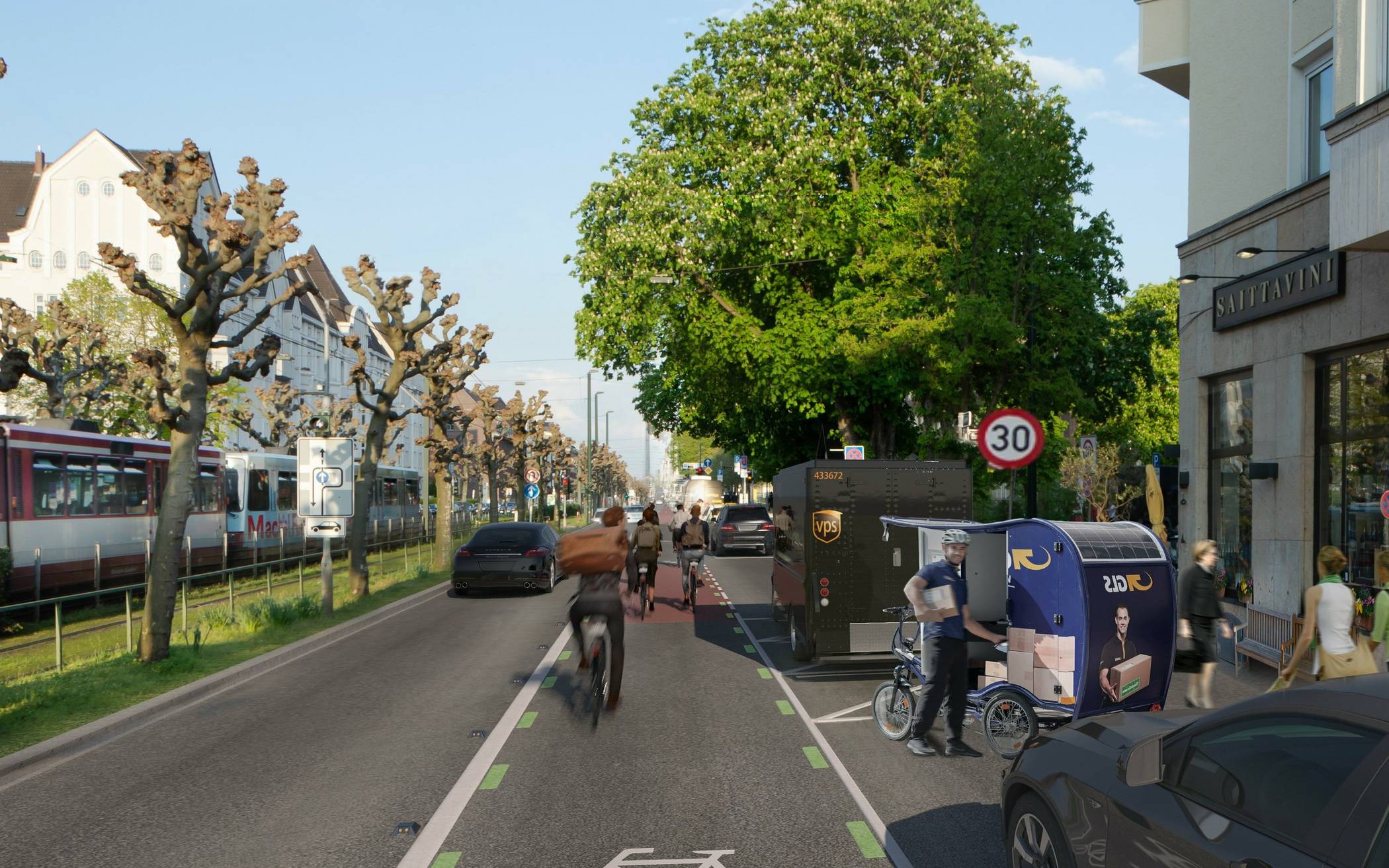 Die Visualisierung zeigt die zukünftige Situation auf der Luegallee. Tempo 30 soll die Lärmbelastung reduzieren, separate Radfahrstreifen die Konflikte zwischen den Verkehrsteilnehmern verringern.
