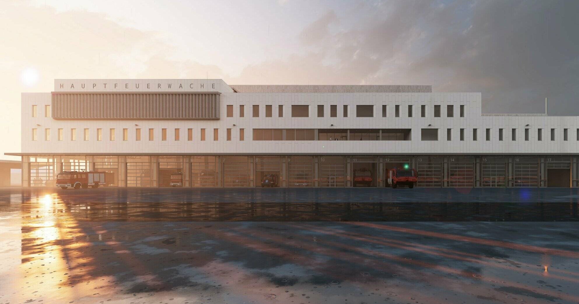 Die neue Hauptfeuerwache soll bei Fertigstellung - voraussichtlich in der zweiten Jahreshälfte 2025 - zu den modernsten Gebäuden ihrer Art in Deutschland gehören.   Visualisierung: struhk architekten