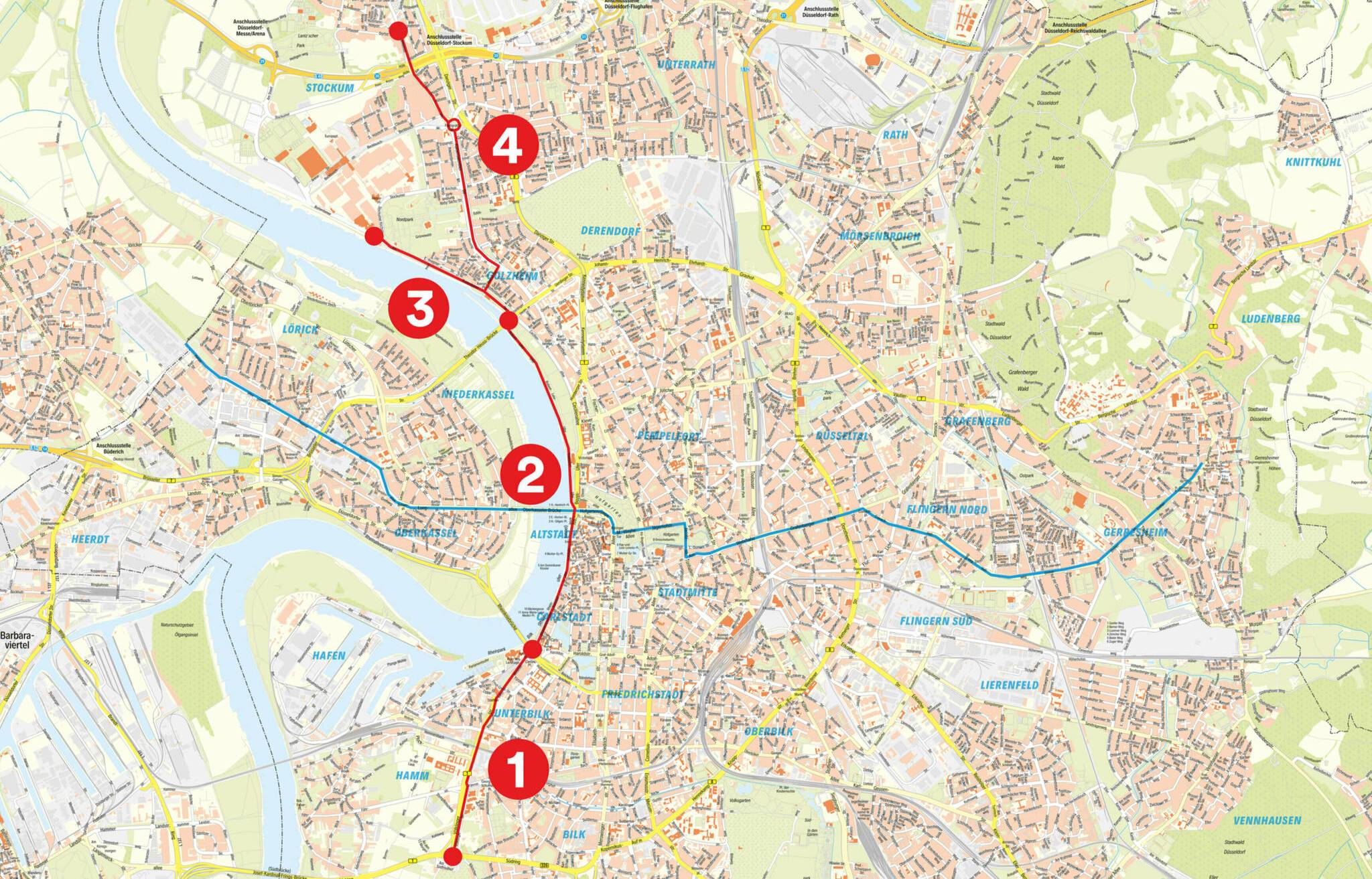 Zur effizienteren baulichen Umsetzung der gesamten Trasse wurde die Radleitroute 1 in vier Abschnitte unterteilt. Begonnen wird mit dem südlichsten Abschnitt von der Rheinkniebrücke bis zum Südring.