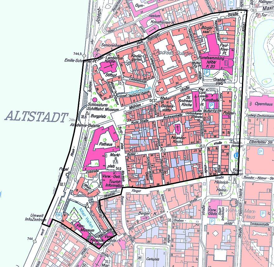  Die Grafik veranschaulicht das Gebiet der Düsseldorfer Altstadt, in dem in der Silvesternacht ein Feuerwerksverbot gilt. 