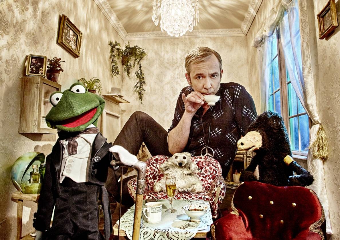  Puppenspiel-Anarcho Marik, Handpuppen Günther Falkenhorst, Kalle und Maulwurfn (v. l.). 