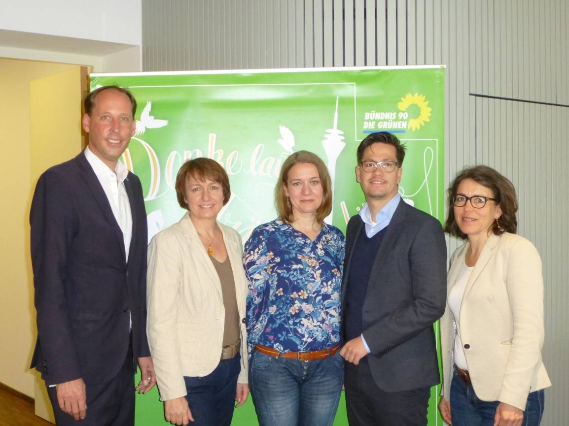  Mirja Cordes (Mitte), Sprecherin des Kreisverbandes mit den vier Düsseldorfer Landtagskandidaten von Bündnis 90 Die Grünen (v. li.): Stefan Engstfeld, Monika Düker, Martin-Sebastian Abel und Astrid Wiesendorf. 