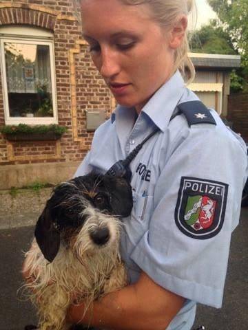  Eine Polizistin kümmert sich um den erschöpften Lucka.  