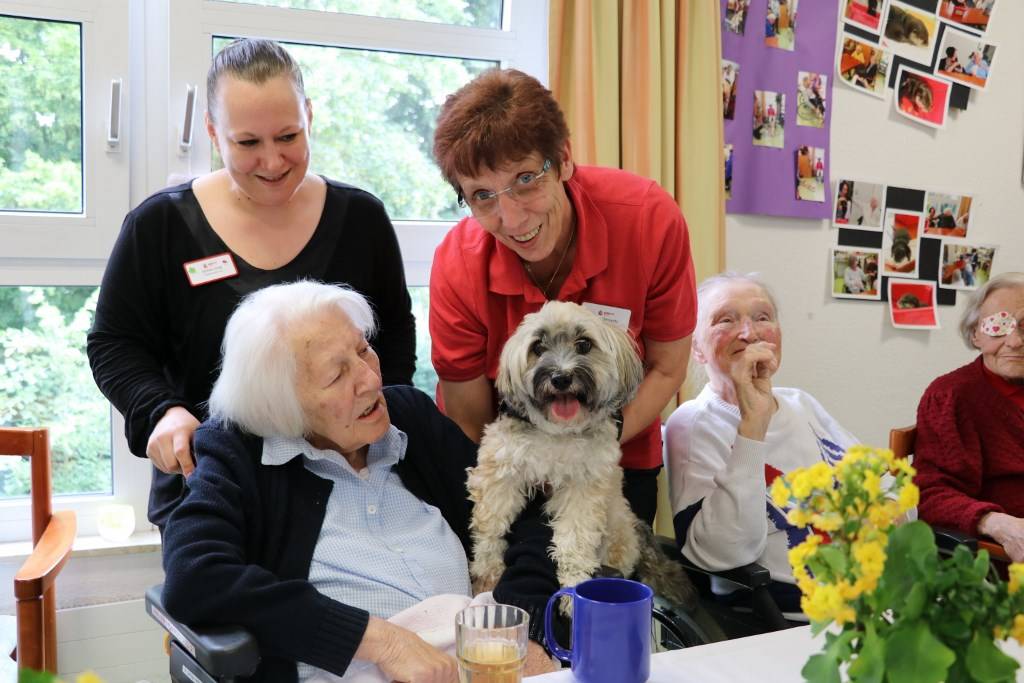  Alltagsbegleiterin Janine Ising (li.), kommissarische Pflegedienstleiterin und Besitzerin von „Sammy“ Petra Reinartz (re.) und Bewohnerin Felicitas Fierlings mit Hund „Sammy“ (vorne). 