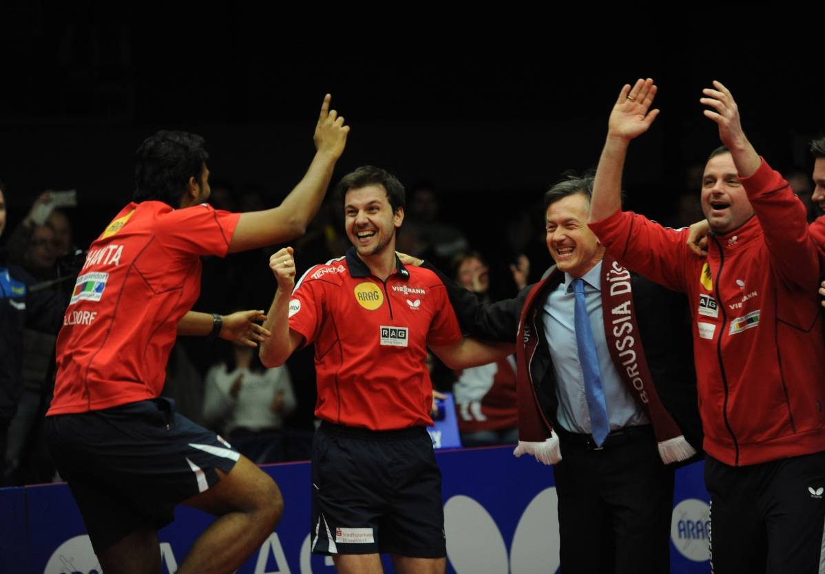  Jubeln die Borussen Kamal Achanta, Timo Boll, Manager Andreas Preuß und Trainer Danny Heister (v. l.) auch am Karsamstag? 