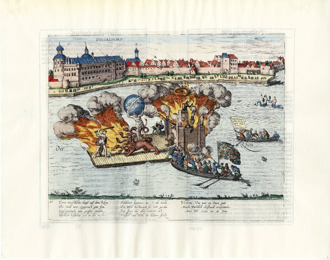  Schwimmende Bühne: Spektakuläres Feuerwerk mit Pantomime wurde zur Jülicher Hochzeit 1585 aufgeführt. Zwei Jahre später, 1587, wurde das Spektakel vor der Düsseldorfer Skyline im Bild festgehalten. Die Grafik von Franz Hogenberg gehört zu den ältesten Zeugnissen der Düsseldorfer Theatergeschichte. 