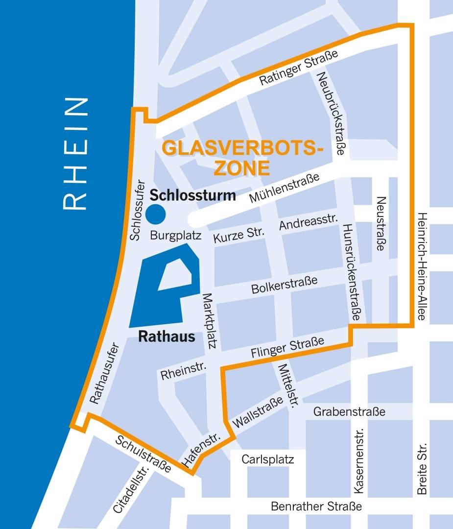  Die Grafik (zum Vergrößern anklicken) zeigt das Gebiet in der Düsseldorfer Altstadt, in dem an den tollen Tagen keine Glasbehältnisse mitgeführt werden dürfen. 