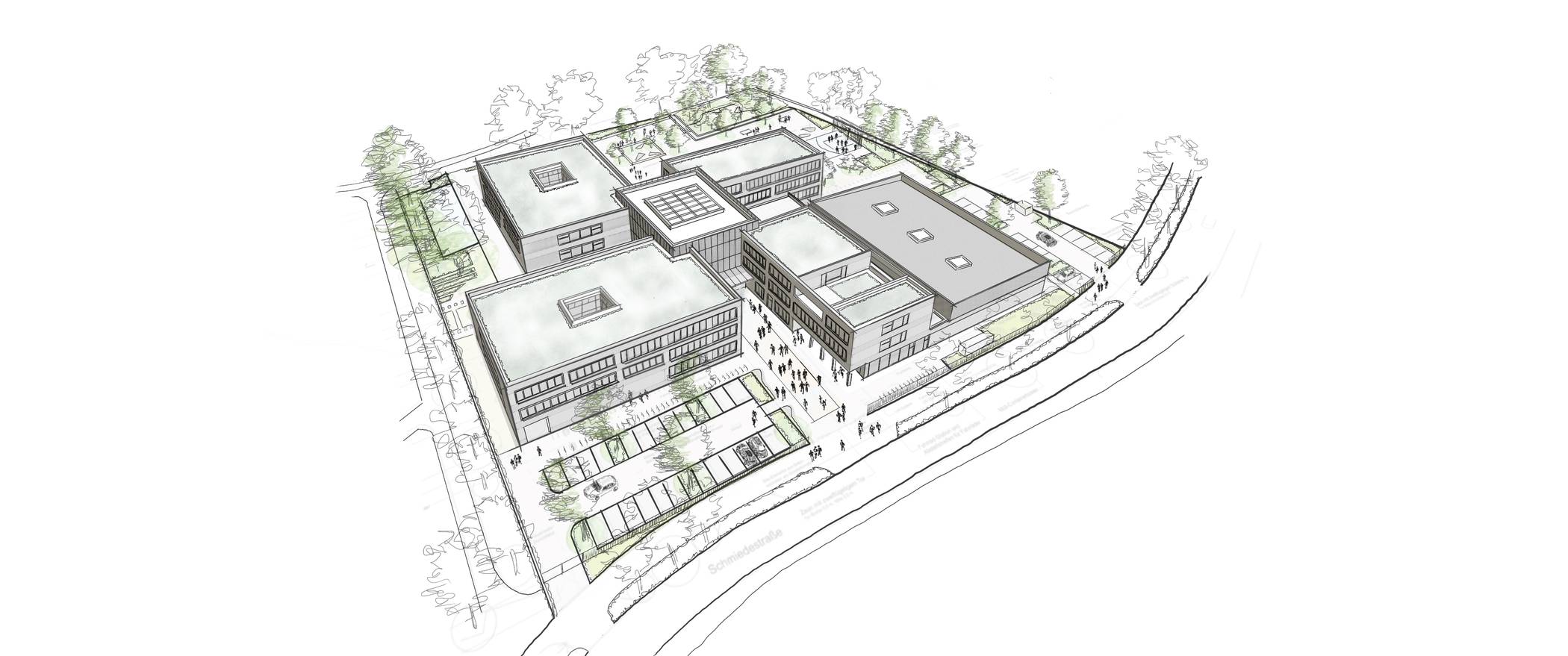  Ansicht der geplanten Neubauten für das Wim-Wenders-Gymnasium. 