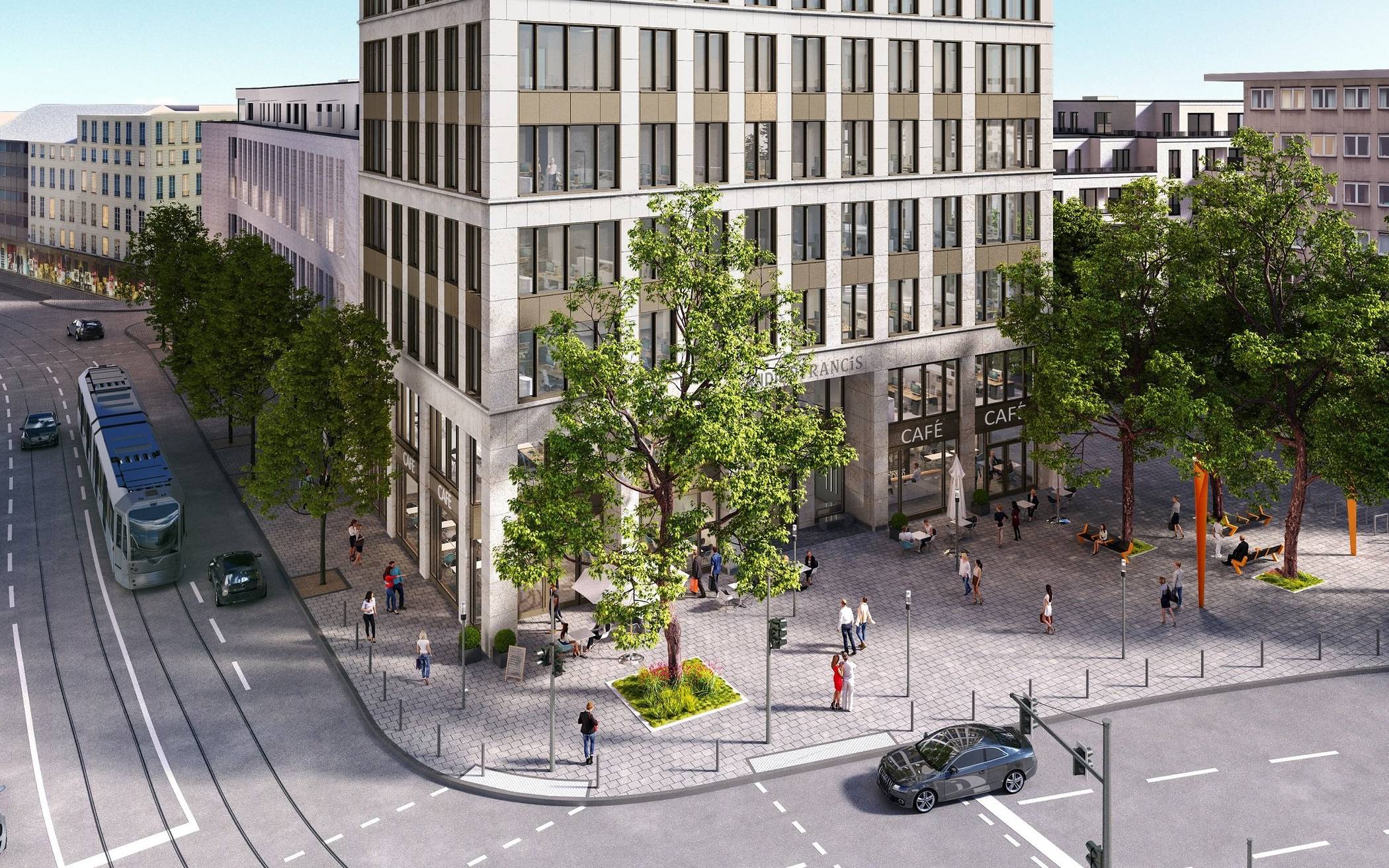  Die Grafik stellt die Außenansicht des geplanten Bürogebäudes an der Immermannstraße, Ecke Oststraße dar. 