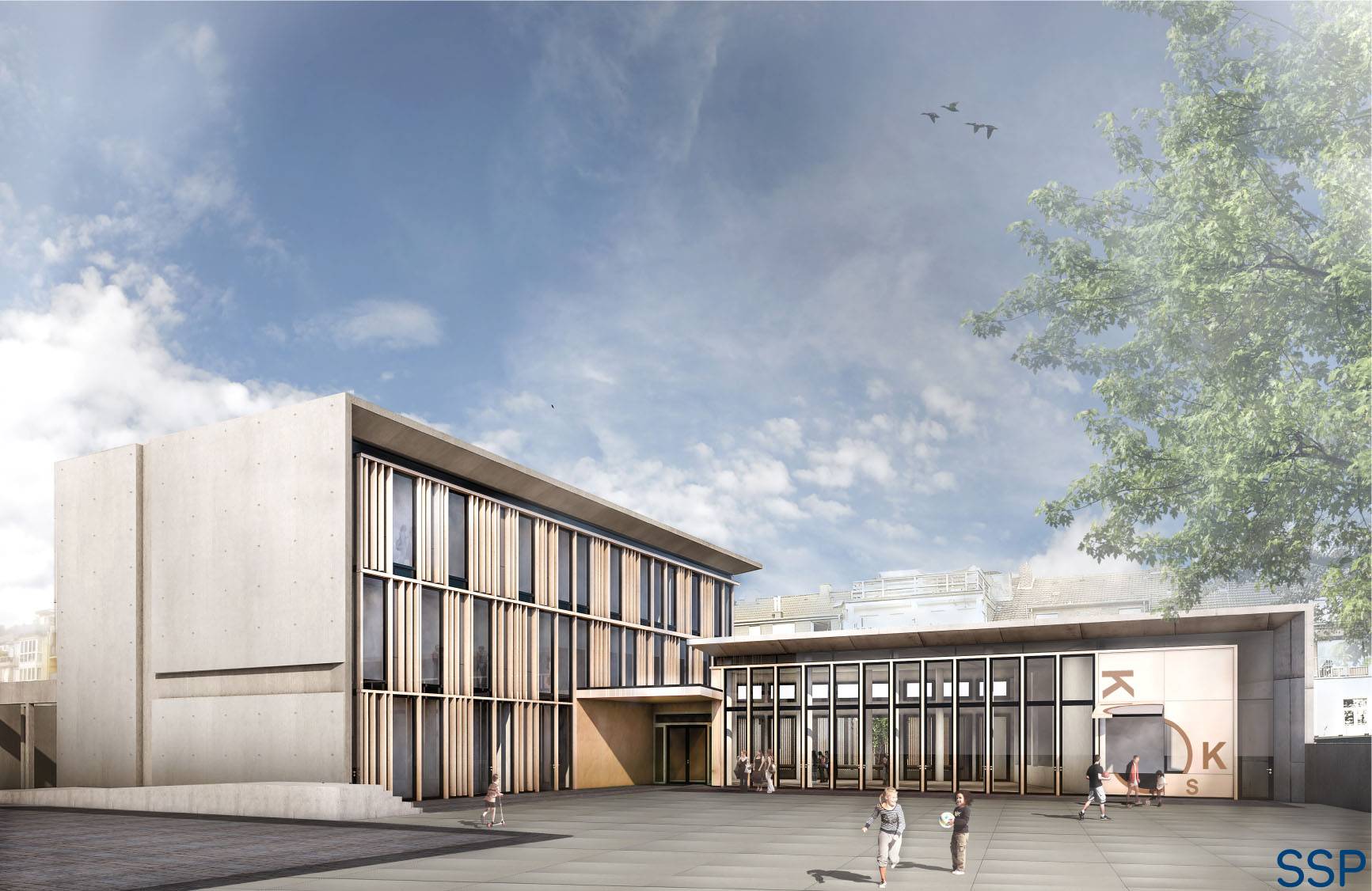  Animation des neuen Erweiterungsbaus, der an der Maria-Montessori-Gesamtschule entsteht. 