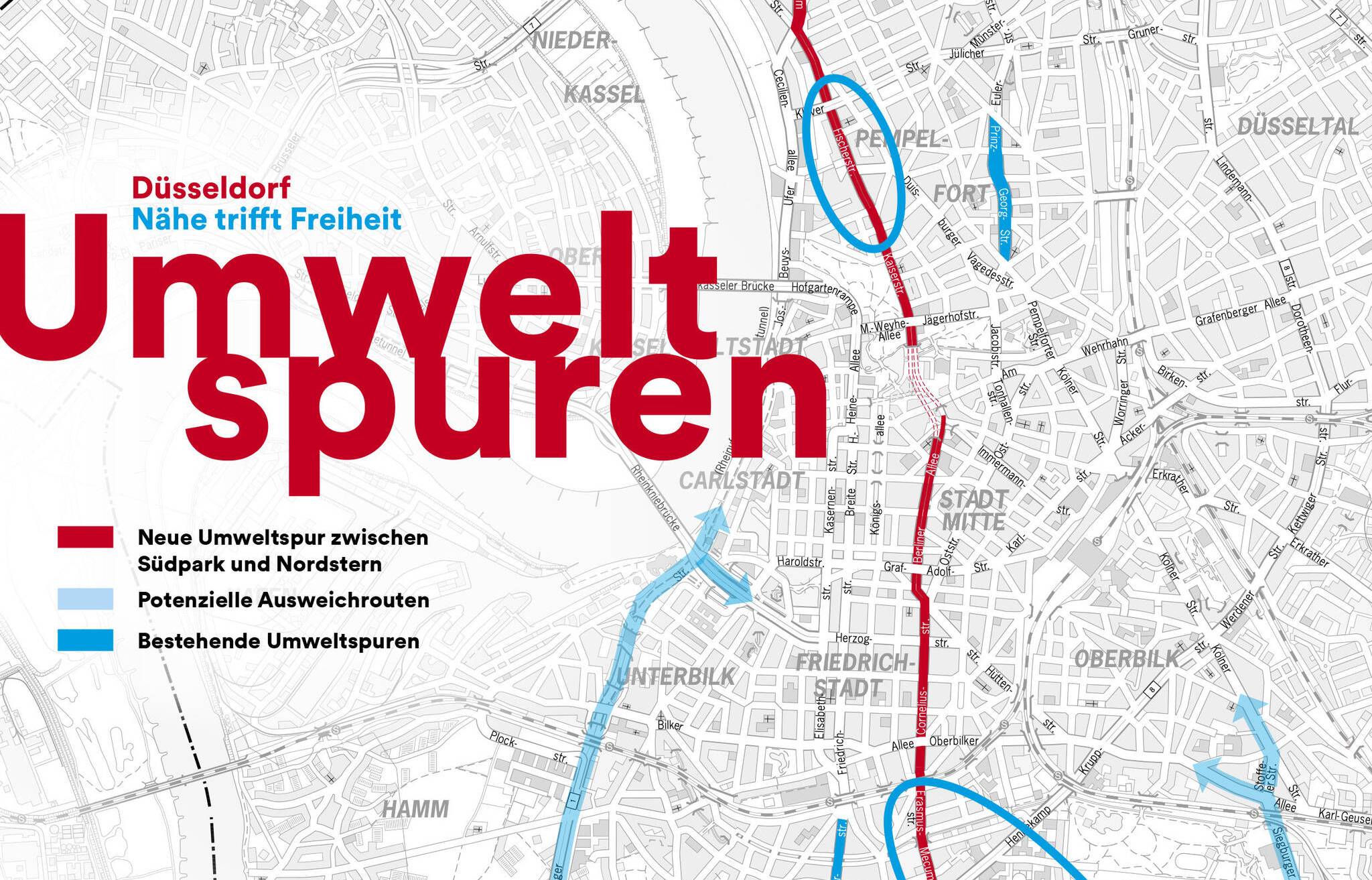  Die Grafik zeigt die beiden vorhandenen Umweltspuren und die geplante dritte Umweltspur der Landeshauptstadt Düsseldorf. 
