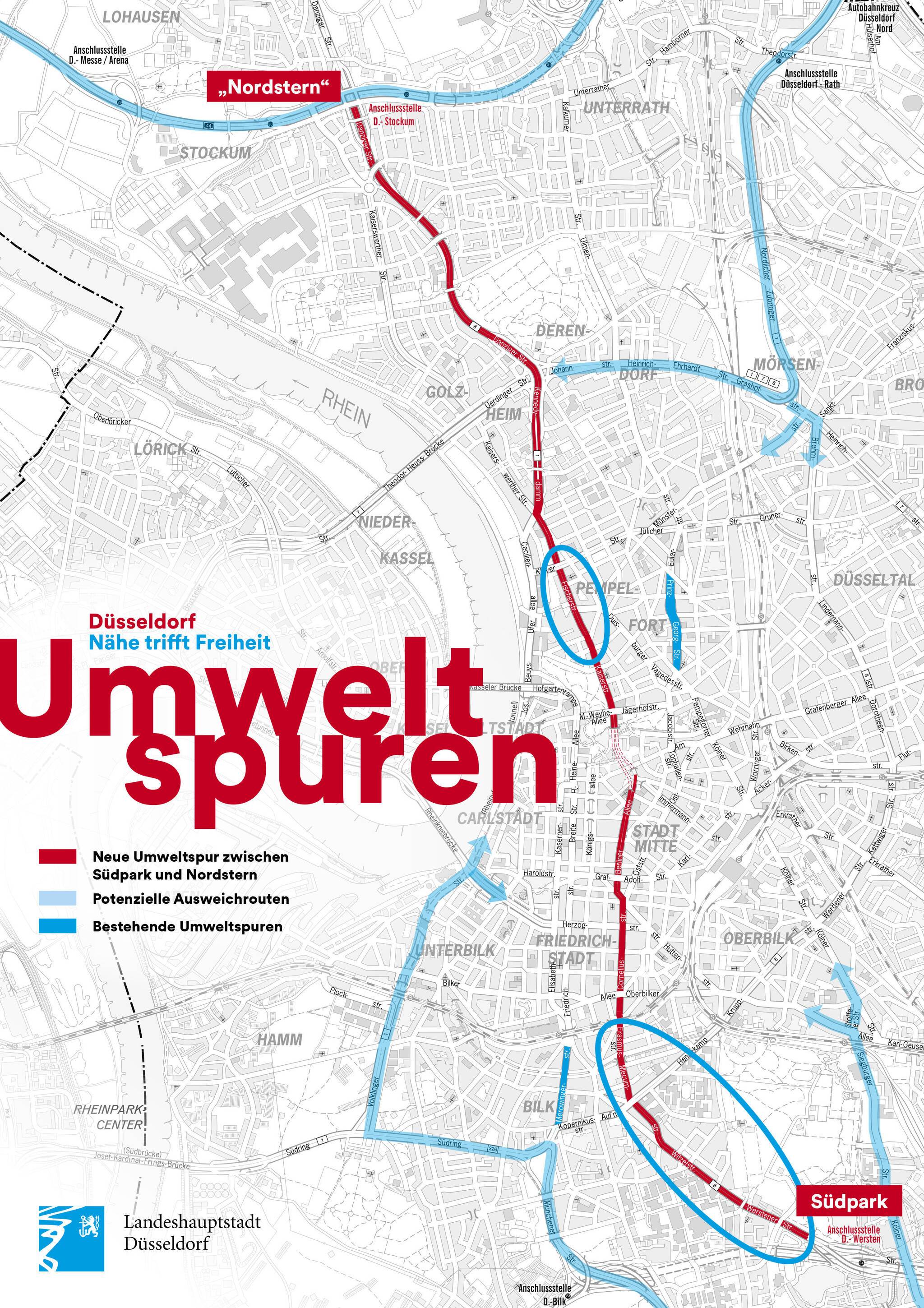  Die Grafik zeigt die beiden vorhandenen Umweltspuren und die geplante dritte Umweltspur der Landeshauptstadt Düsseldorf. 
