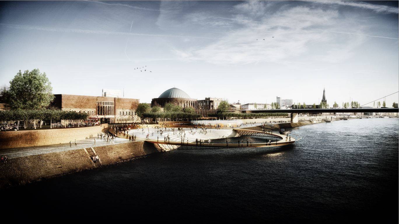  Der Siegerentwurf: Der goldene Ring am Rhein vor dem NRW-Forum. 